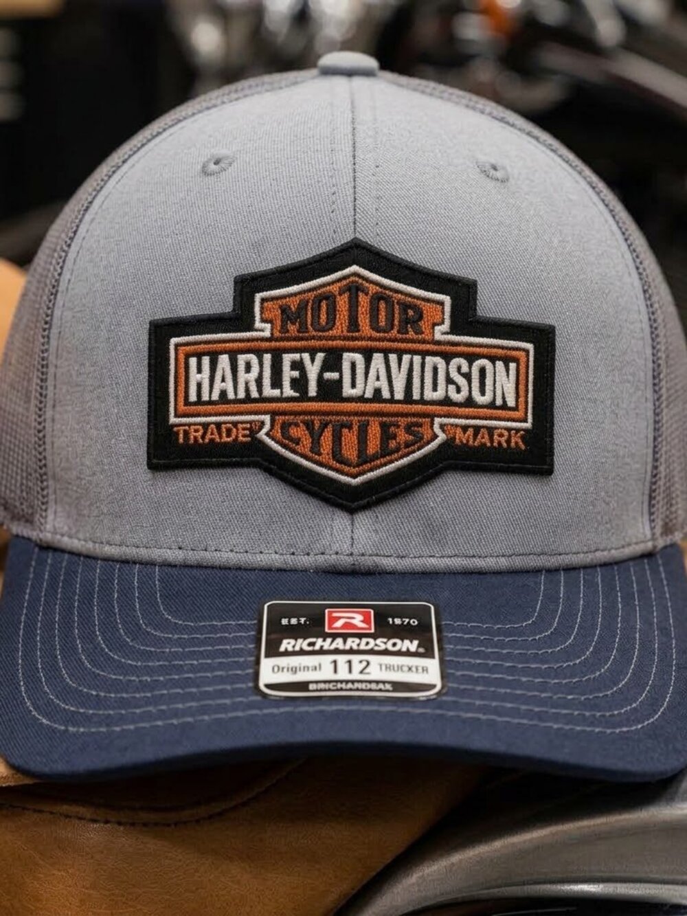 Harley Davidson Hat Vintage Patch Richardson 112 Grey Navy Mesh Trucker Cap New